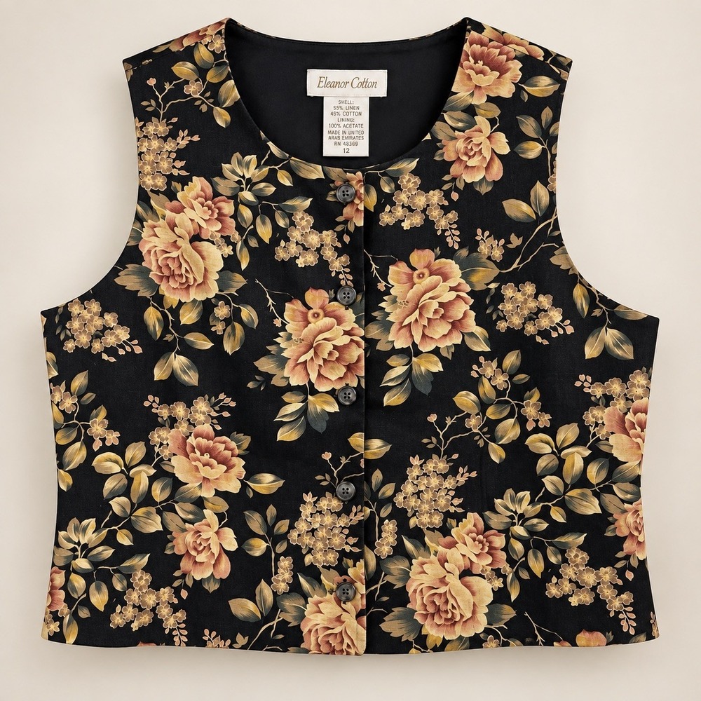 Vtg 90s Dark Floral Linen Blend Vest Sz 12 Romantic Whimsigoth Cottagecore Boho
